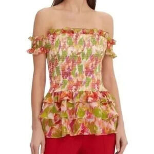 NWOT Caroline Constas Hydra Silk Floral Off the Shoulder Blouse Coral Multi XS